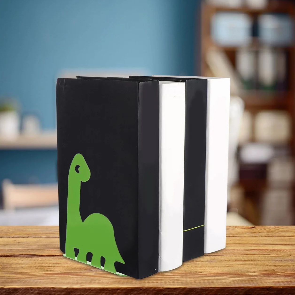 TOYANDONA Podpórki do książek z żelaza, z motywem dinozaura, antypoślizgowe, do książek, na płyty DVD, do biura, biblioteki, szkoły, dekoracja, 1 para, kolor zielony