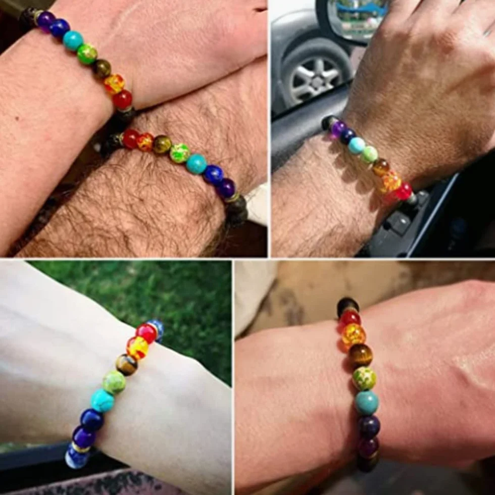 LATRAT BRANSOLETKA 7 czakr kamienie naturalne, koraliki 7 czakr, bransoletka z kamienia naturalnego 8 mm, bransoletka damska i męska elastyczna bransoletka, One Size, kamień wulkaniczny
