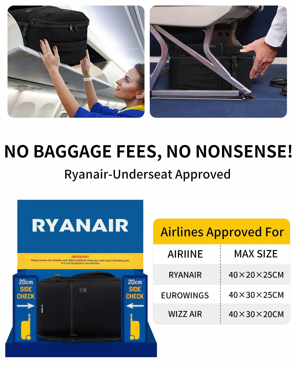 ECOHUB 20L Plecak Podróżny Ryanair 40x20x25, Recykling Torba Kabinowa, 14'' Laptop Bagaż Podręczny, Plecak Kabinowy z kieszeniem antykradzieżową, Odpychający wodę Plecak Podręczny