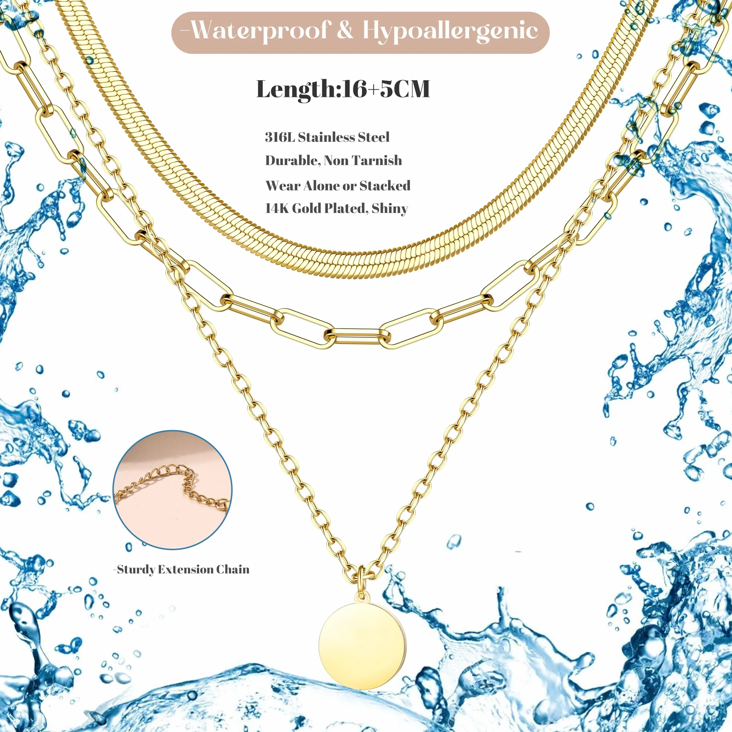 Adramata 3 szt. Naszyjnik damski ze stali nierdzewnej, pozłacany łańcuszek 14 K, regulowany naszyjnik choker do układania w stos, naszyjniki krzyżowe, sztuka, serce, naszyjniki damskie, złoty, srebrny