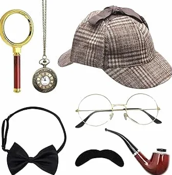 Sherlock Holmes, zestaw 7 akcesoriów do kostiumu detektywa, akcesoria do kostiumu detektywa, sztuczne okulary, wąsy, muchy, detektyw, cosplay, rekwizyty karnawałowe