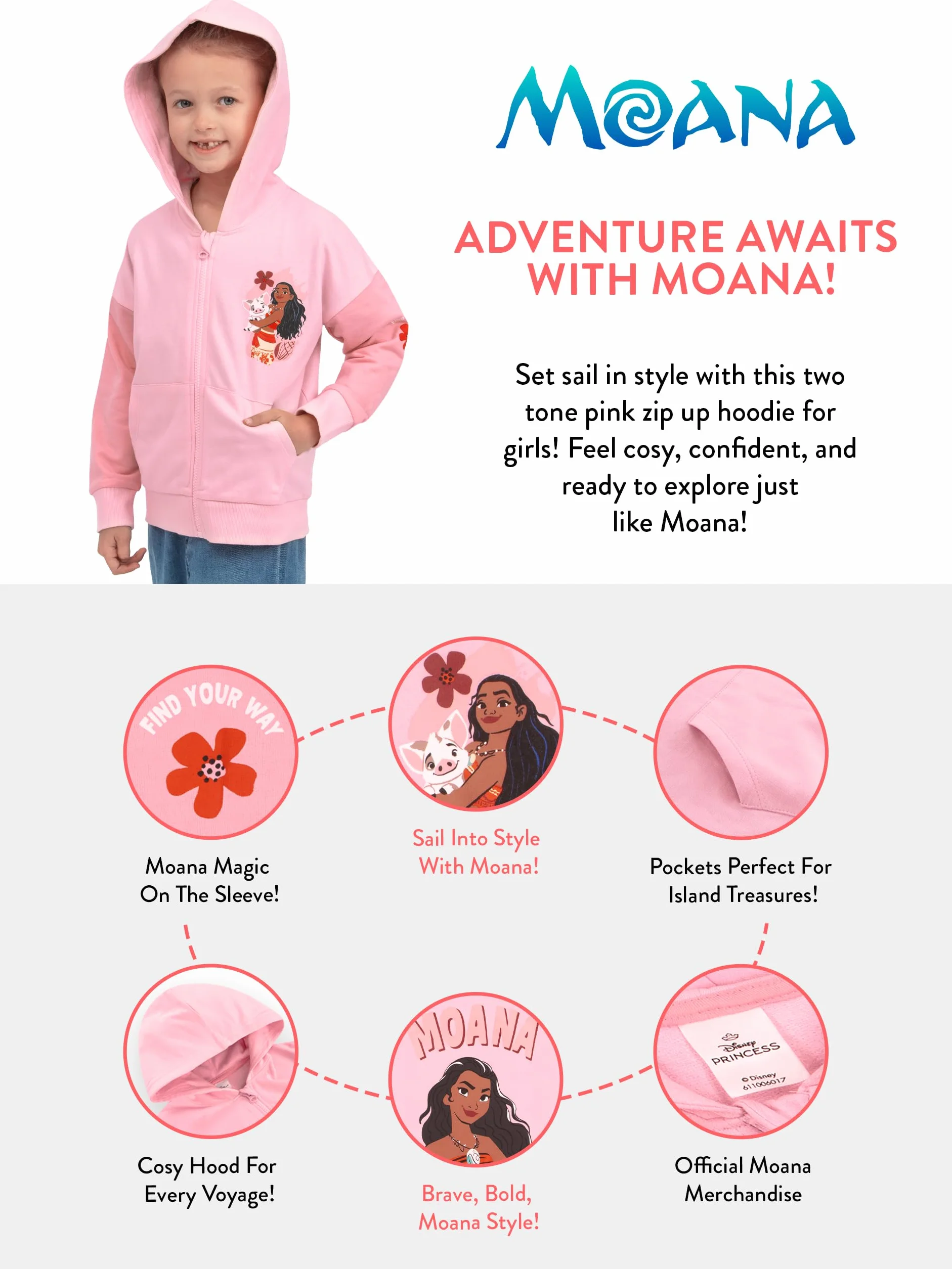 Disney Moana Bluza Z Kapturem Dla Dziewczynek, Różowa Bluza Rozpinana, Bawełniana Skoczek Moana