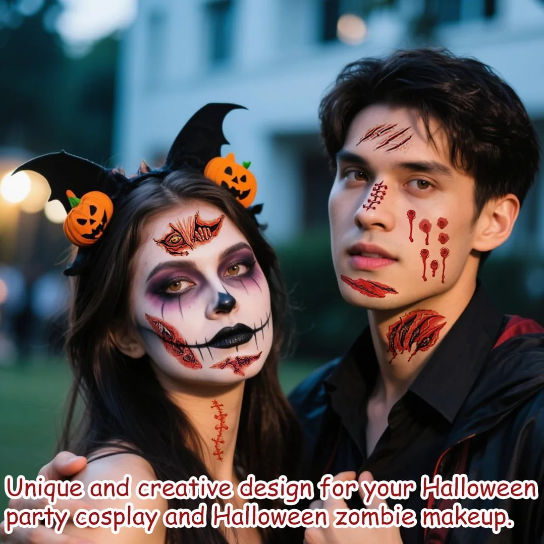 Tatuaż na blizny na Halloween, 30 arkuszy realistycznych blizn z horroru, straszny tatuaż na twarz zombie dla dzieci i dorosłych, wodoodporny tatuaż na Halloween, na karnawał i imprezę