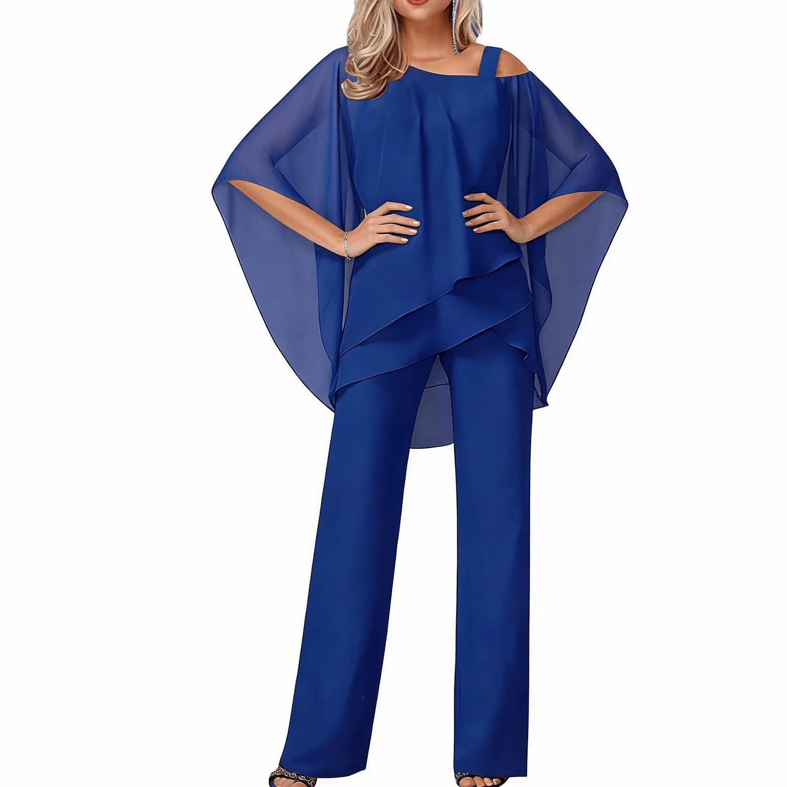 2-częściowy zestaw dla matki panny młodej: spodnie i żakiet, modny strój dla gościa weselnego, elegancka wieczorowa sukienka,Blue1,XXL