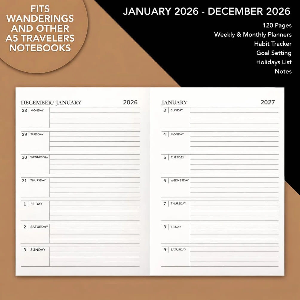 Wanderings Wkłady Uzupełniające do Kalendarza A5 Traveler's Notebook, 5,8 x 8,4 (14,2 x 21 cm), Stycznia 2027 -Grudnia 2027, Wkłady do Planera Skórzanych Dzienników Podróżnych, Pamiętników I Plannerów