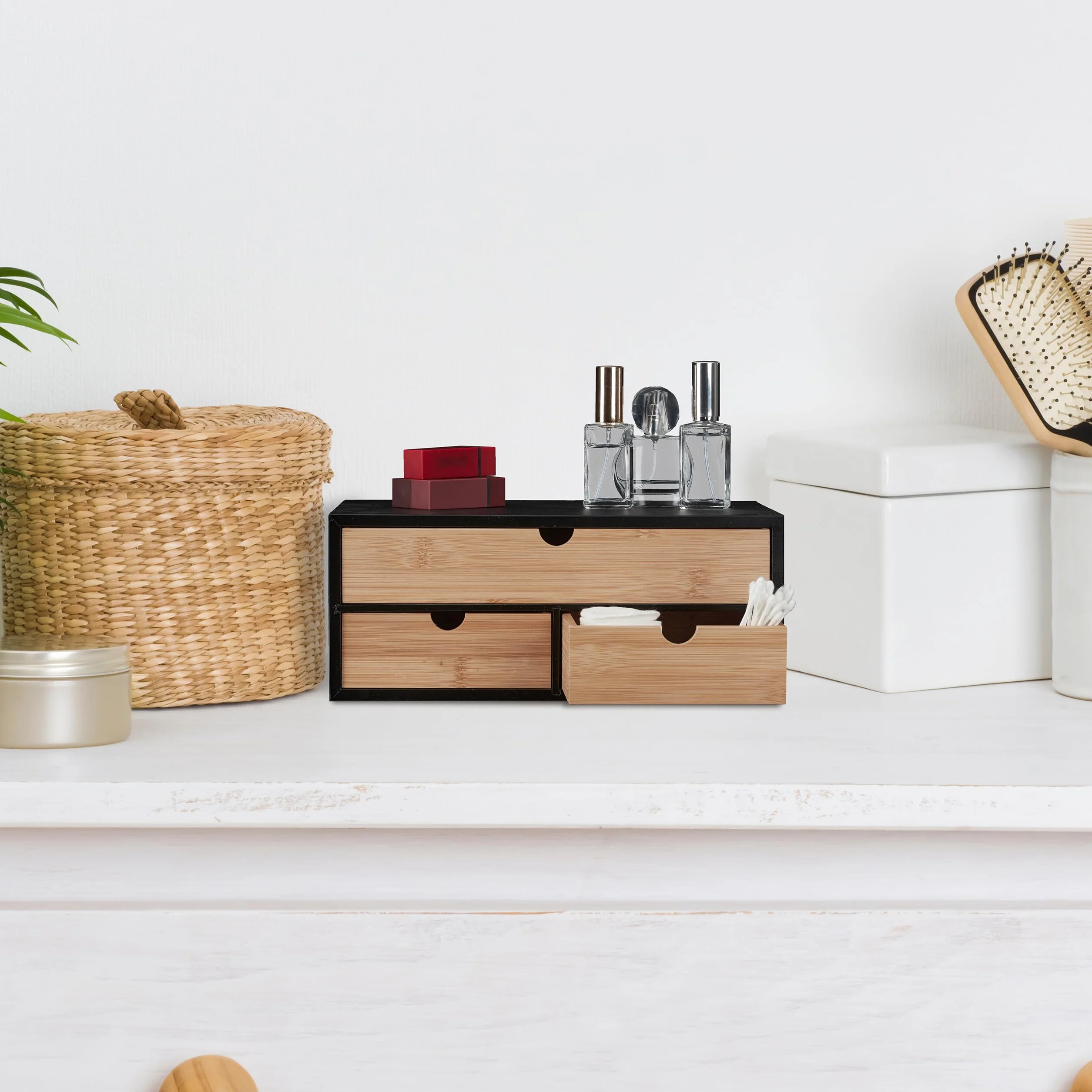 Relaxdays Organizer na biurko, 3 szuflady, bambus i MDF, organizer na biurko, wys. x gł.: 13,5 x 33 x 21 cm, naturalny/czarny