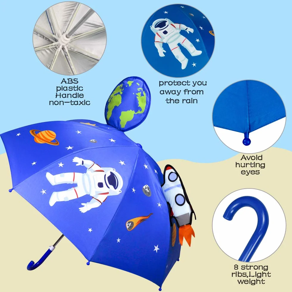 CAPMESSO Kids Umbrella Boys 3D - Boys Parasol Space Astronaut Umbrella UV 50+ Protection, Windproof, Suit for School Kids, Kindergarten Kids, Gift for 3-6 Years Girls, Boys