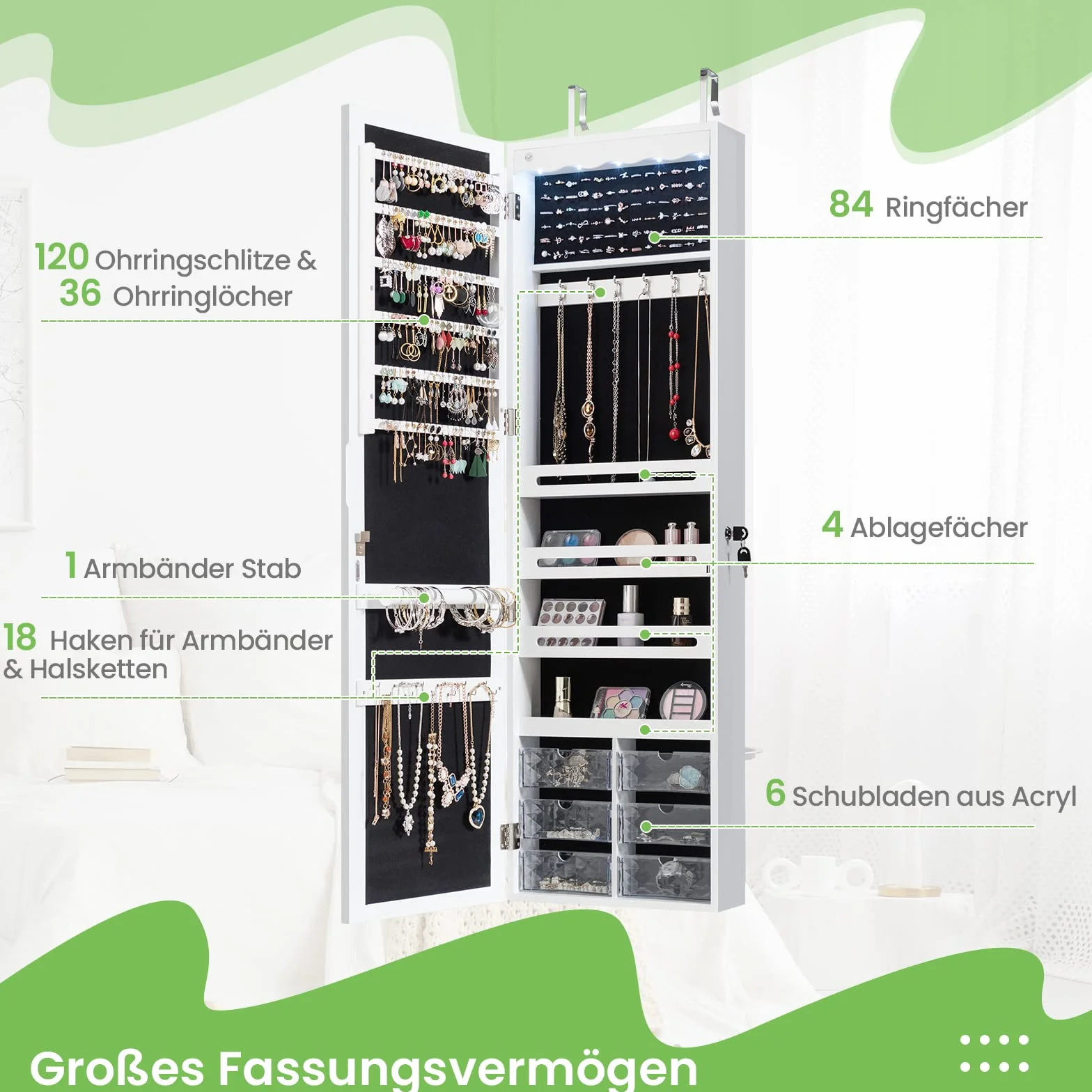 COSTWAY Szafka wisząca na biżuterię, z oświetleniem LED, lustrem i 6 szufladami, szafka wisząca do montażu na drzwiach i ścianie, szafka na biżuterię i kosmetyki, biała