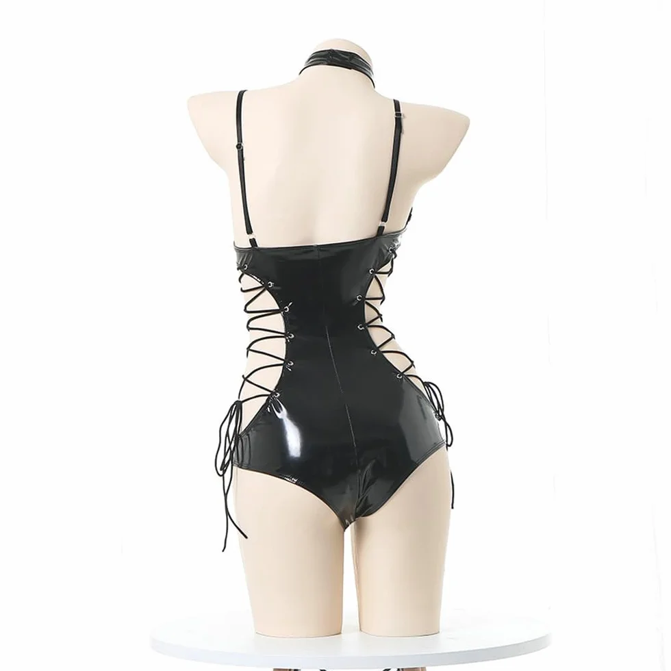 SINROYEE Damskie body Teddy Sexy Lace Up Leather Pu Nightout Jednoczęściowa odzież klubowa Seksowna bielizna cosplay