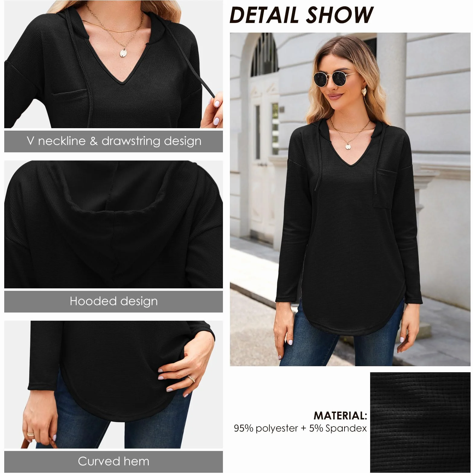 Decorie Sweter damski na jesień/zimę, bluza damska, bluza jednokolorowa, koszulka z długim rękawem, damska bluza z kapturem na co dzień