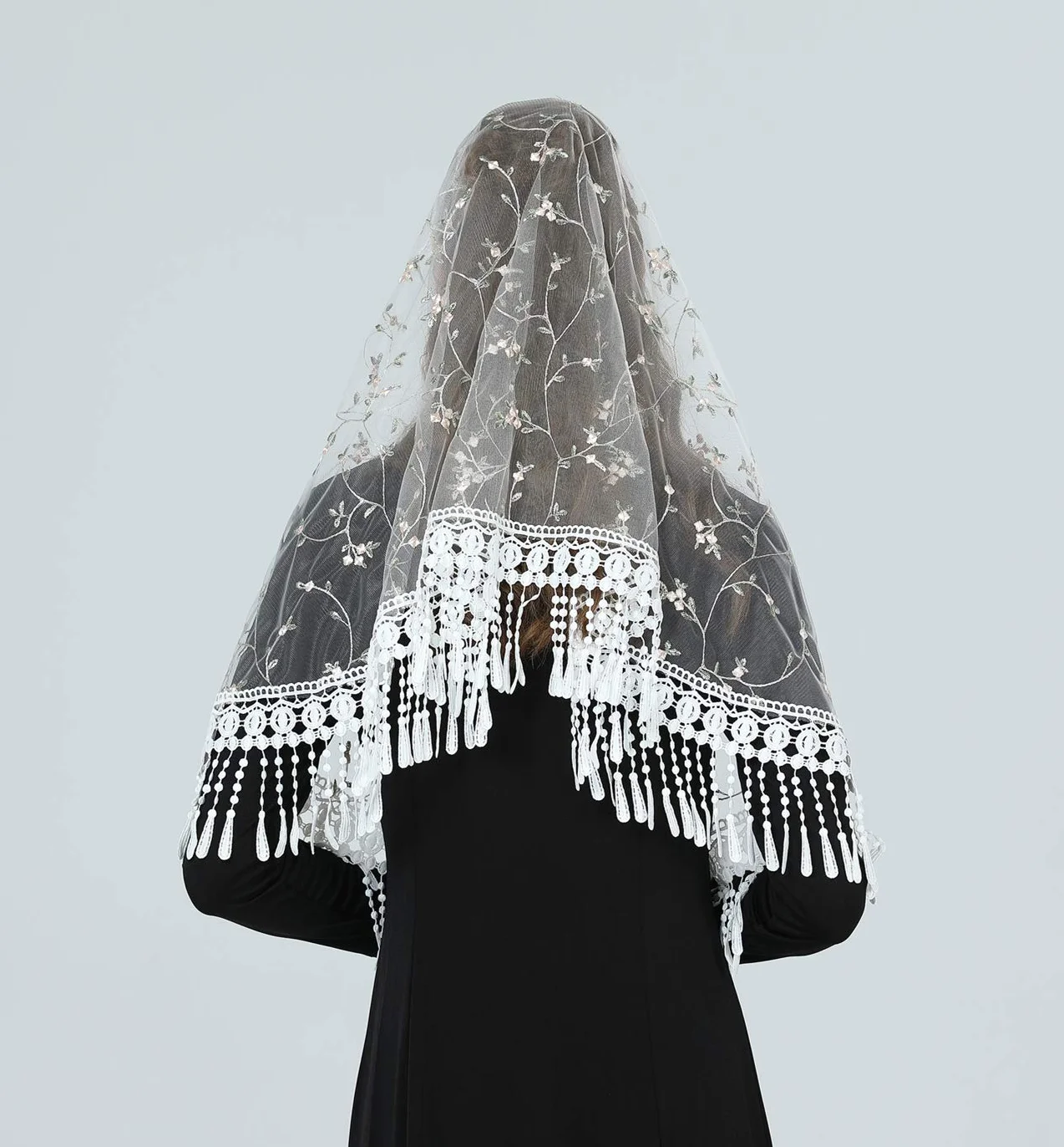 BEAUTELICATE Mantilla V118 koronkowy szal katolicki welon etola z frędzlami czarno-biały dla kobiet na targach łacińskich kaplica kościelne wesele
