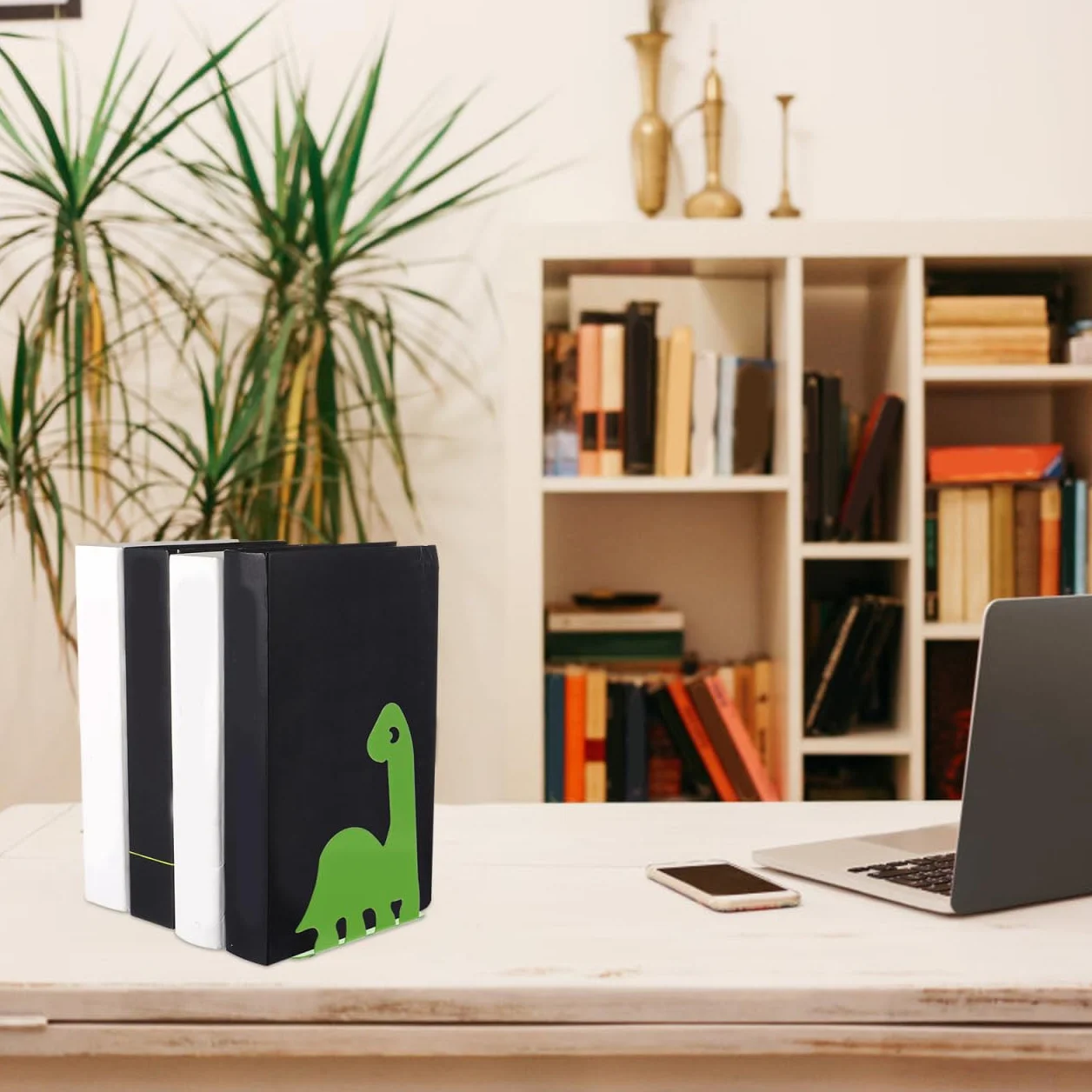 TOYANDONA Podpórki do książek z żelaza, z motywem dinozaura, antypoślizgowe, do książek, na płyty DVD, do biura, biblioteki, szkoły, dekoracja, 1 para, kolor zielony