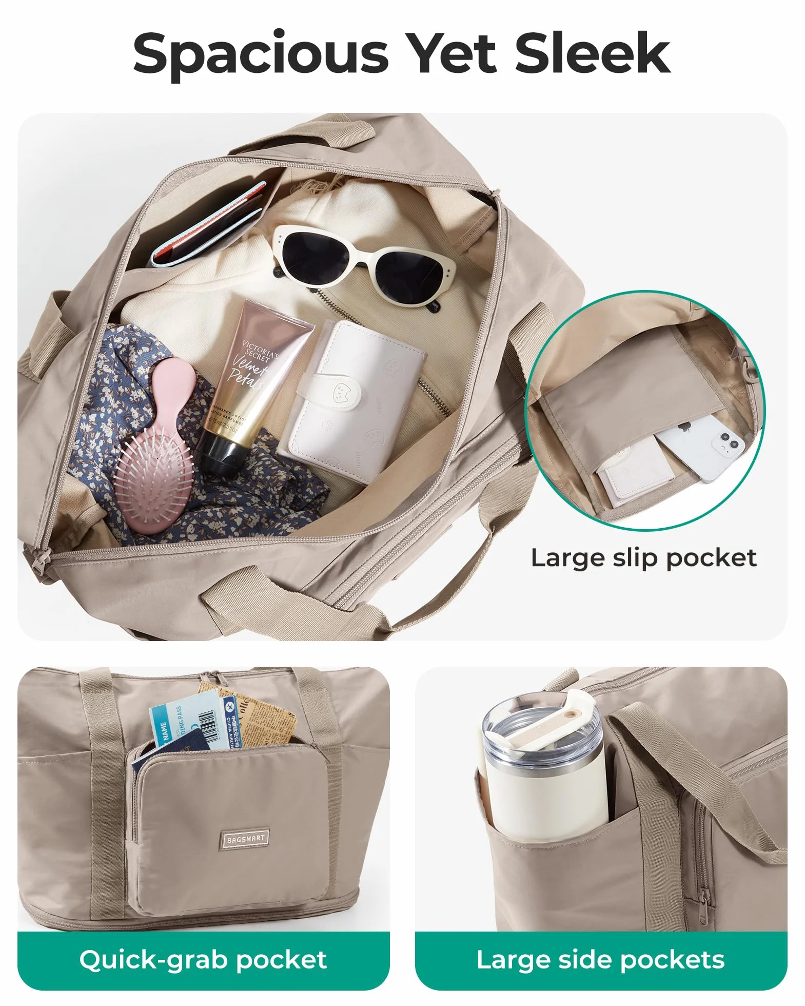 BAGSMART Składana torba podróżna, damska, 27 l (maksymalnie 40 litrów), torba sportowa, bagaż podręczny, wodoszczelna torba podróżna, torba treningowa, torba do uprawiania sportu i podróży, szary