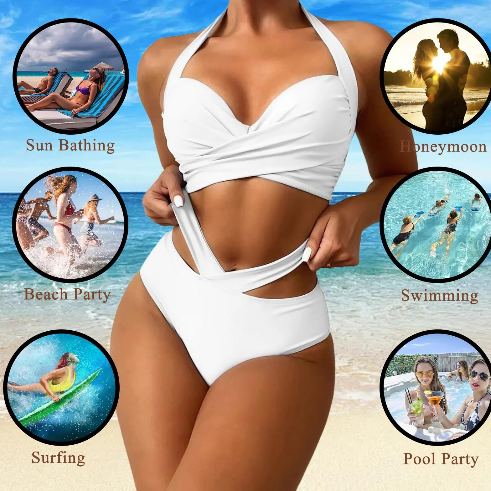 Stroje kąpielowe dla kobiet, wysoka talia, bikini damskie, zestaw bikini z wysokim stanem, 2 sztuki, jednokolorowe, głębokie wycięcie w serek, sportowe bikini