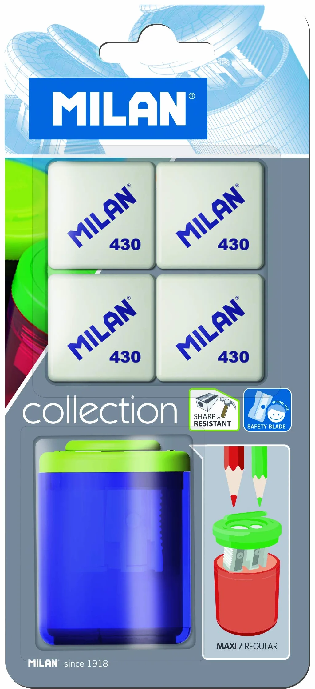 Blister sacapuntas Collection School + 4 gomas de borrar 430