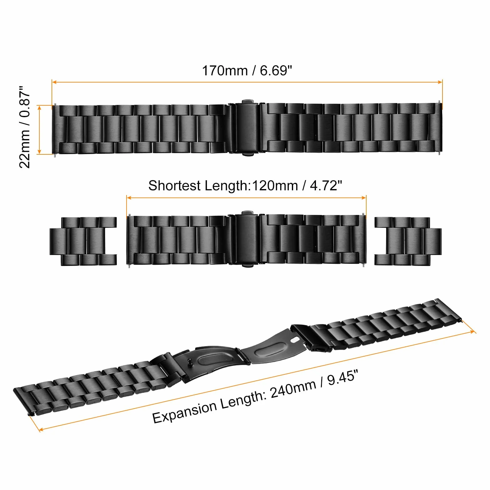 QUARKZMAN 22 mm paski do zegarków z stali nierdzewnej, metalowym zapięciem motylkowym, metalową powłoką Quick Release, z adapterem, black