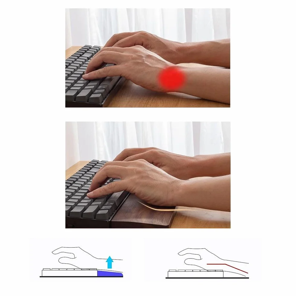 60 klawiszy (30 cm) podpórka pod nadgarstek z litego drewna, antypoślizgowa i ergonomiczna podkładka pod nadgarstek z czarnego orzecha włoskiego, zestaw do biura i gier, dla łagodzenia bólu