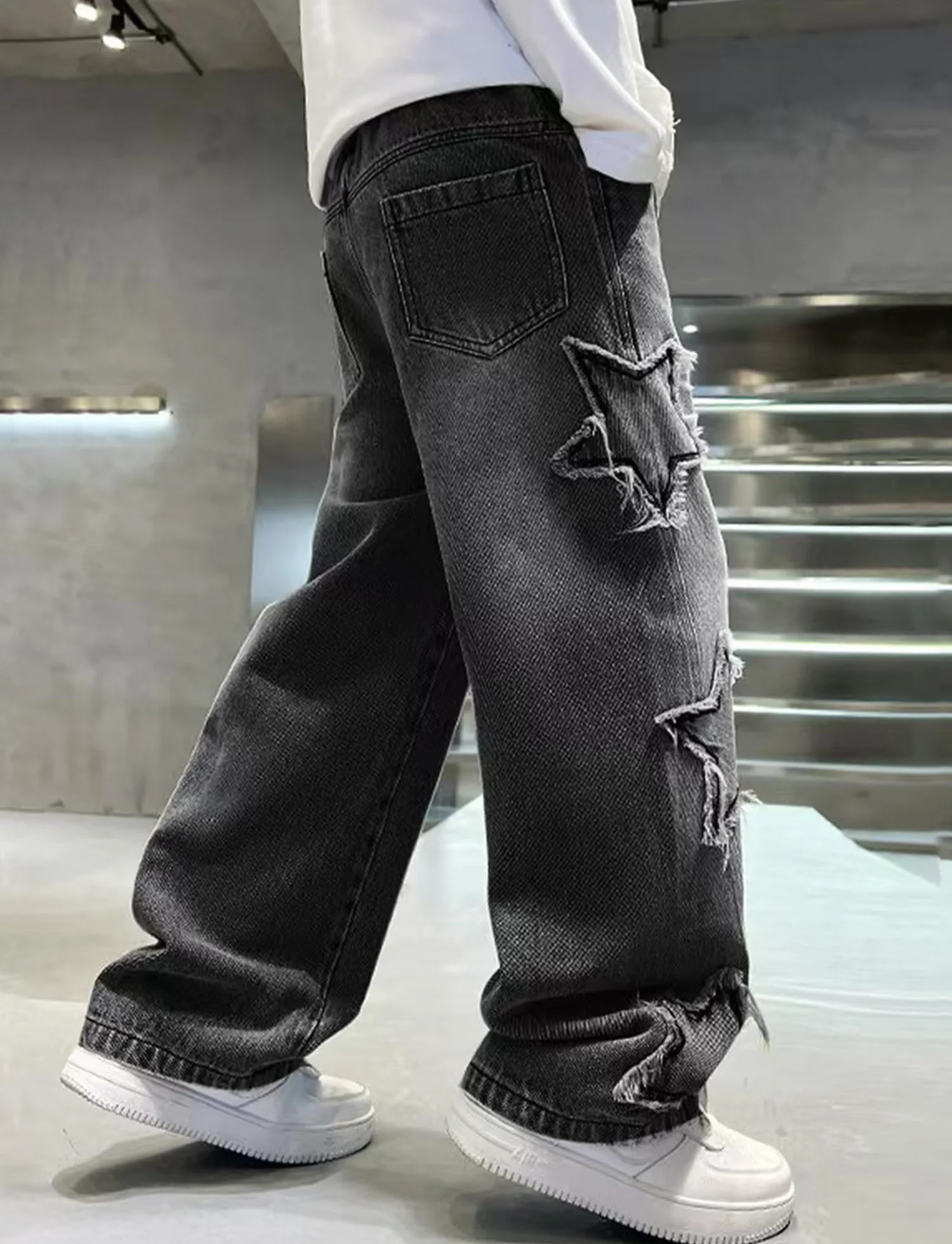 Happy Cherry - Baggy Jeans chłopięce spodnie dżinsowe dla nastolatków szerokie nogawki Vintage Streetstyle dzieci 5-14 lat z elastycznym ściągaczem na wiosnę, lato, jesień i zimę - 110-170