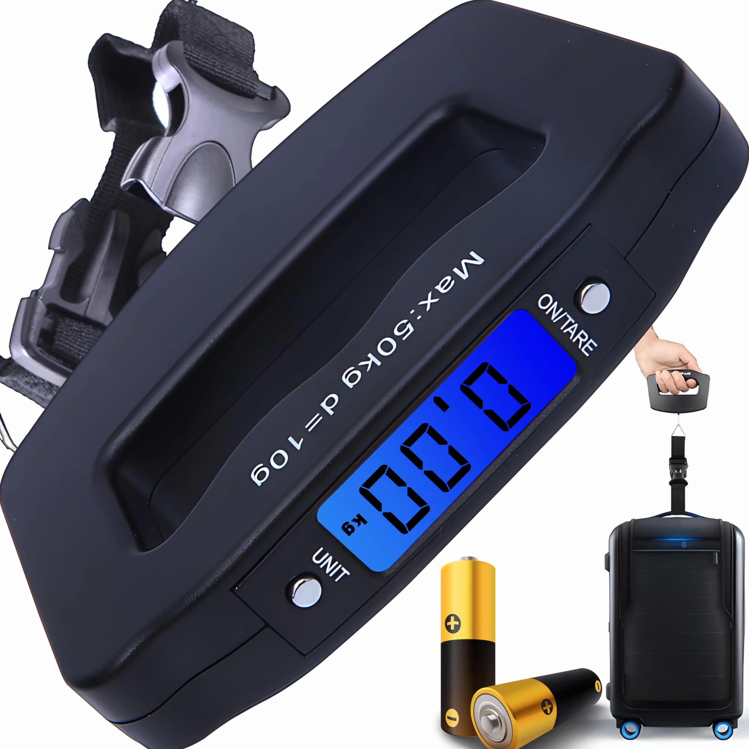 Retoo Cyfrowa waga bagażowa, wyświetlacz LCD, podświetlenie tła LCD, przenośna waga wisząca do walizek, ryb i toreb do 50 kg, funkcja tara, praktyczna w podróży, na baterie, stal nierdzewna, czarna