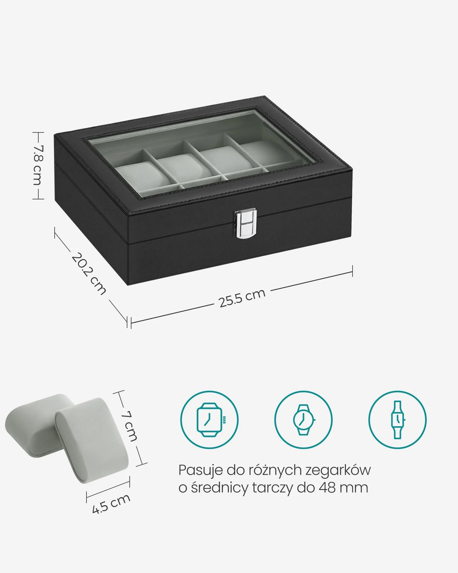 SONGMICS Pudełko na zegarek z 10 przegródkami, koperta na zegarek, szklana pokrywa, koperta na zegarek, wyjmowane poduszki na zegarek, metalowe zapięcie