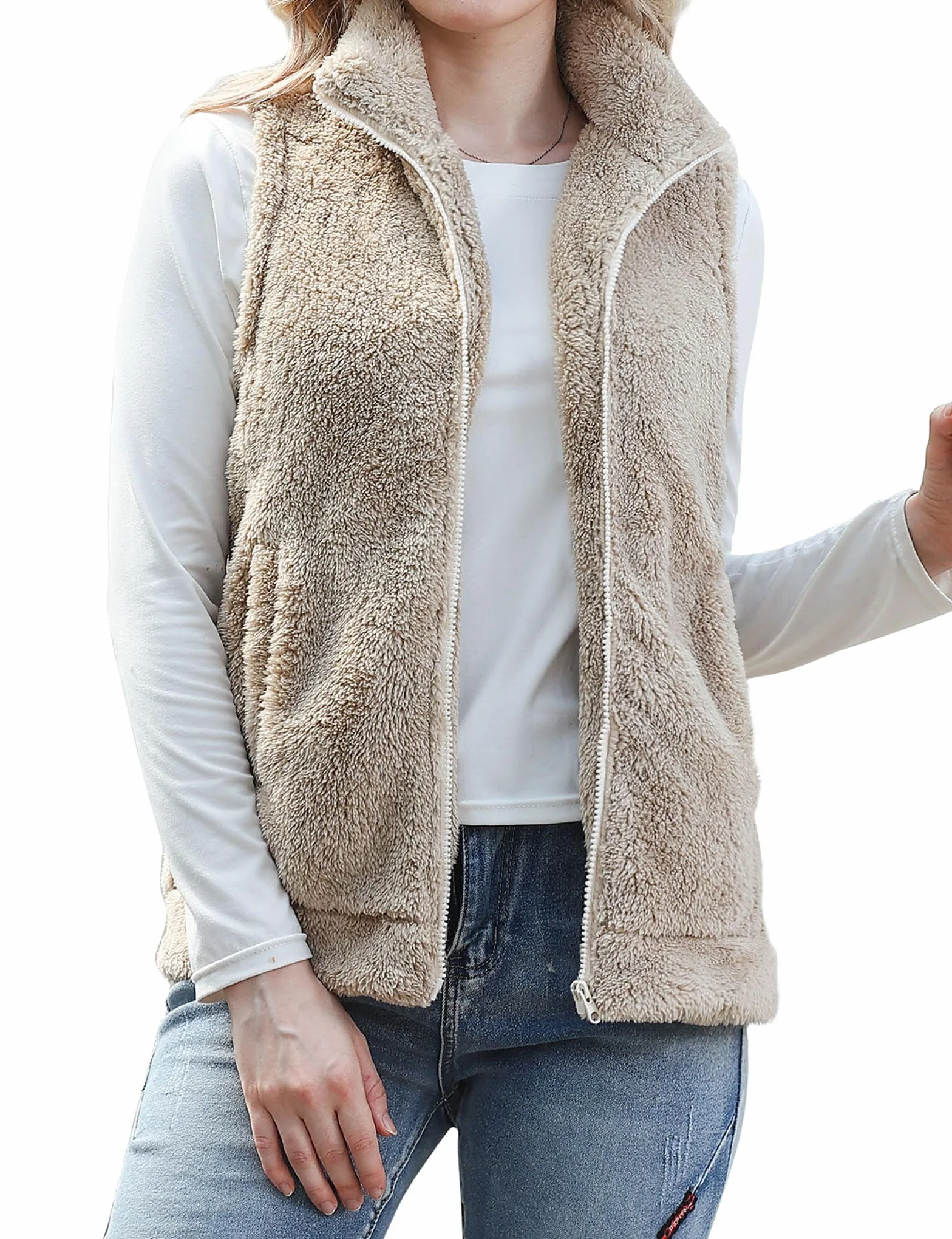 Teddy kamizelka polarowa damska, lekka, bez rękawów, stójka, zimowa, ciepła kamizelka pluszowa, luźny, jesienny płaszcz, kurtka z kieszeniami, S-XL