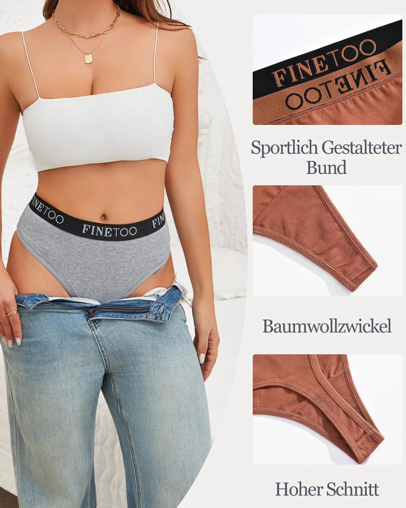 FINETOO Bawełniane stringi damskie majtki z wysoką talią, sportowy ściągacz, majtki dla kobiet, wielopak, rozmiar S-XXL