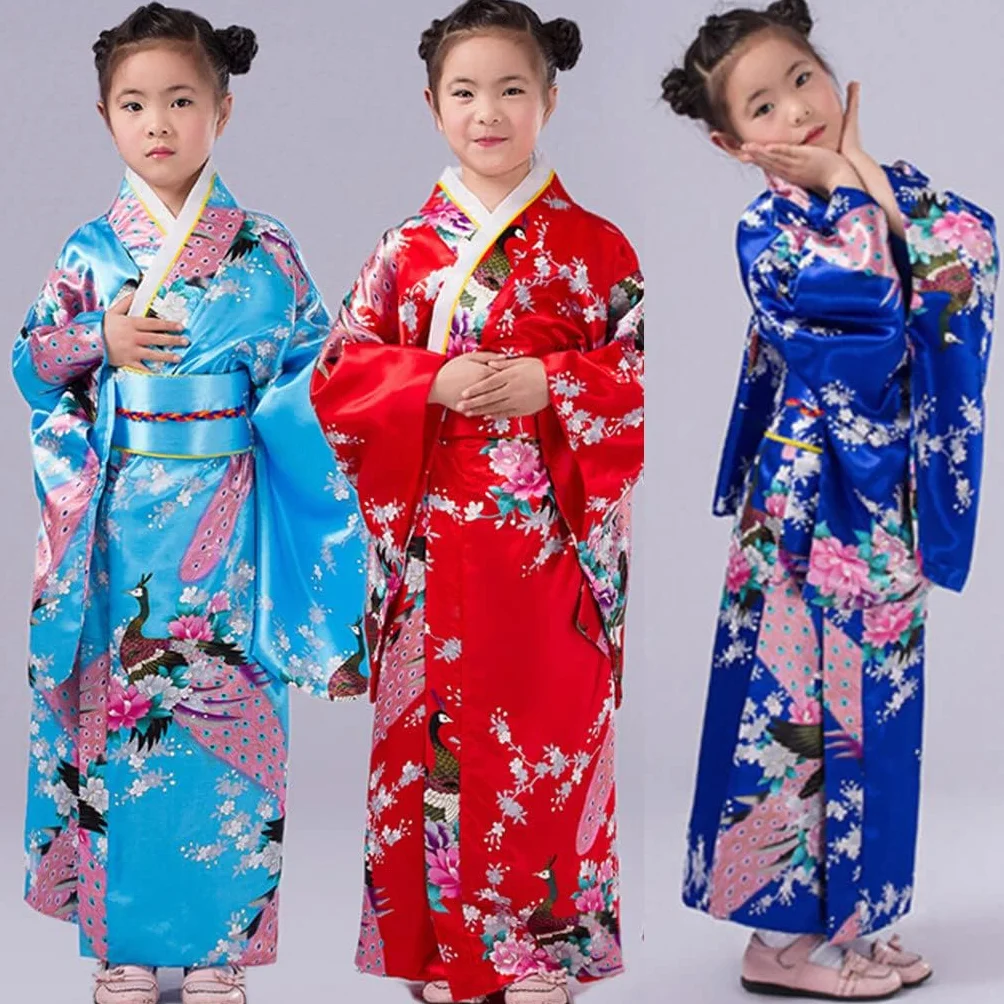 Dzieci Yukata vintage japoński styl - dziewczęca kimono sukienka dziecięca tradycyjna odzież jedwabna tkanina szlafrok odzież ślubna impreza performance sukienka