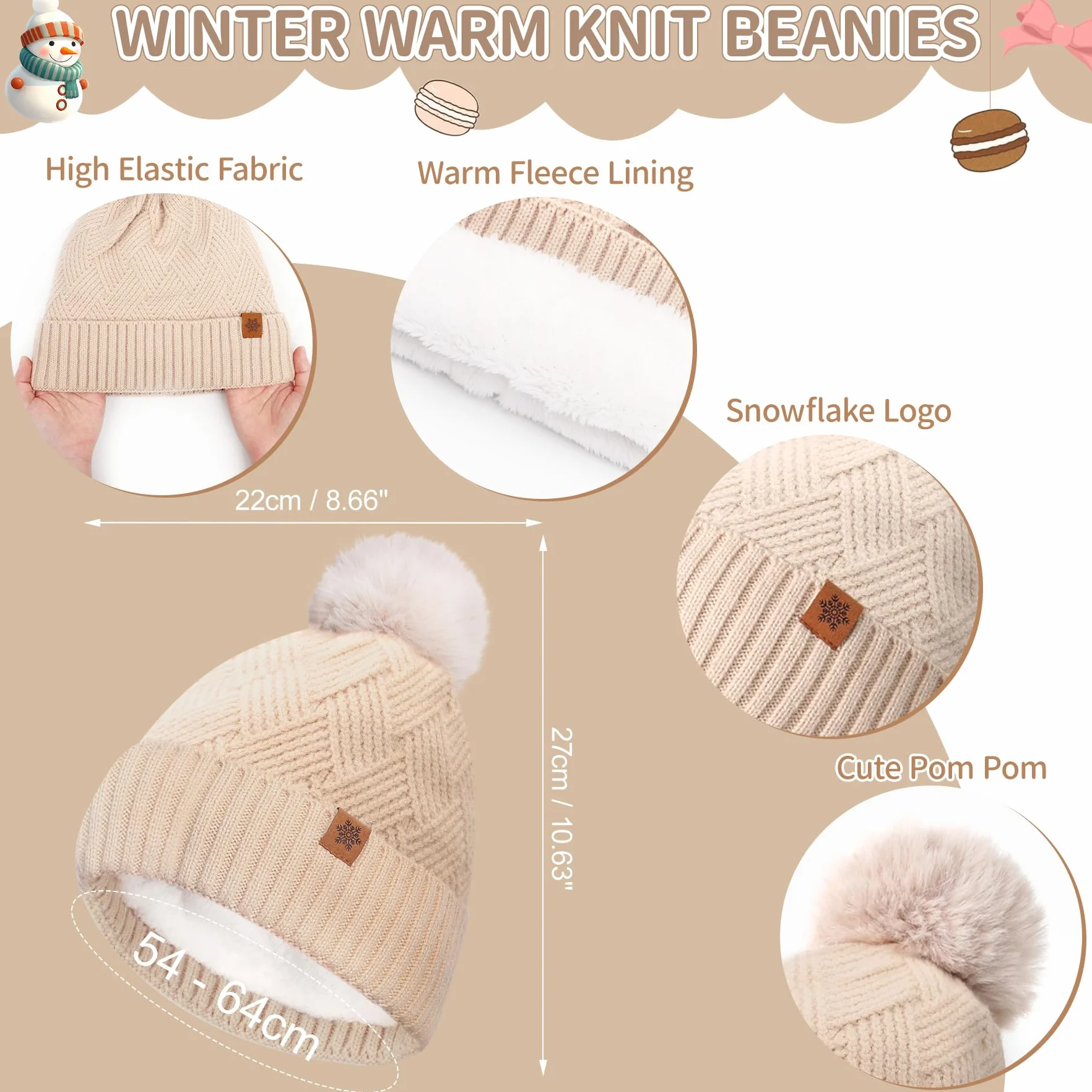 Zestaw zimowy 3 w 1 beanie, Damska zimowa czapka beanie, szalik, rękawiczki do ekranów dotykowych, czapka zimowa, rękawiczki zimowe, szal