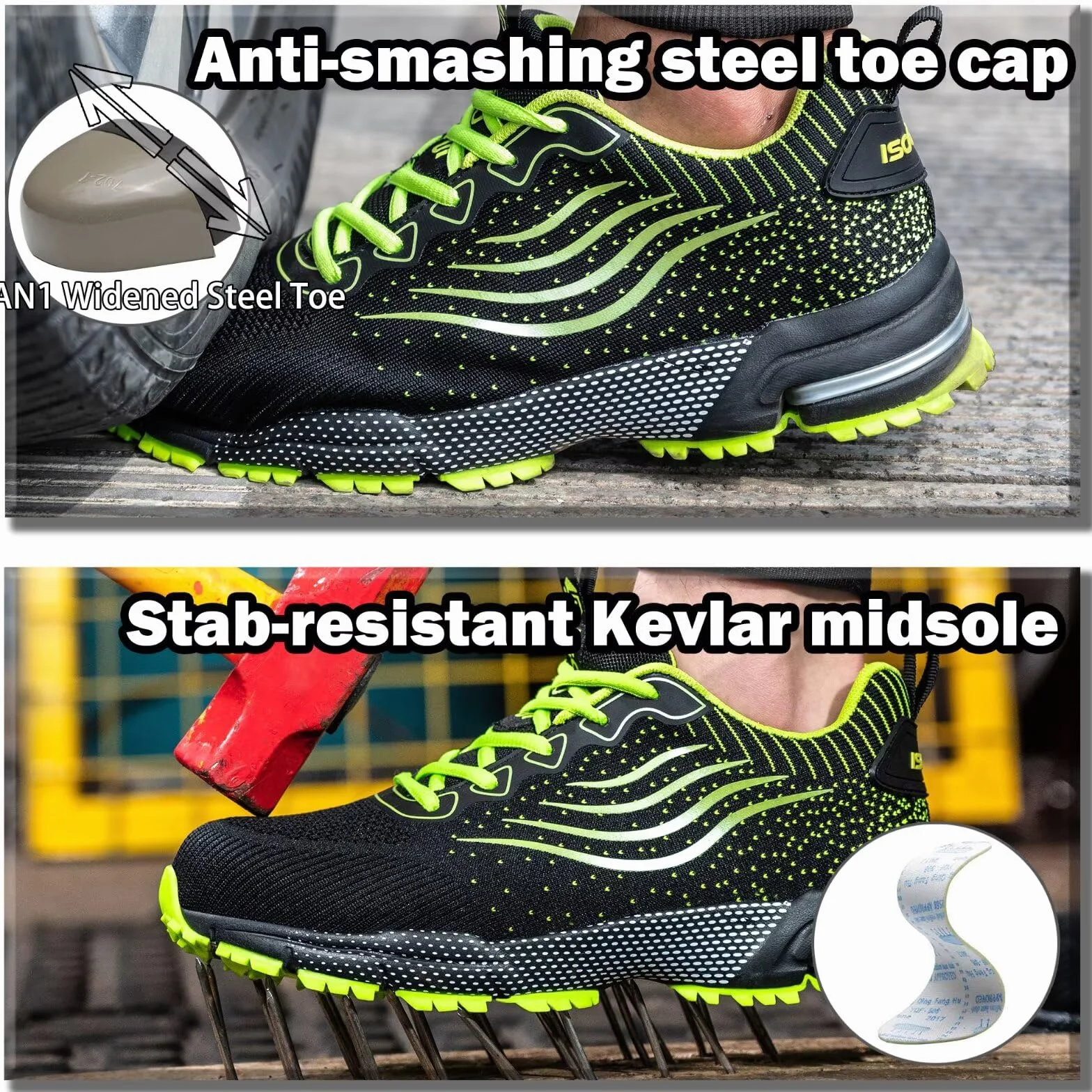 Obuwie Ochronne Męskie Damskie Obuwie Robocze ze Stalowy Nosek Oddychające Lekkie Sportowe Trampki Ochronne Antypoślizgowe ​Antyprzebiciowe Zielony 44