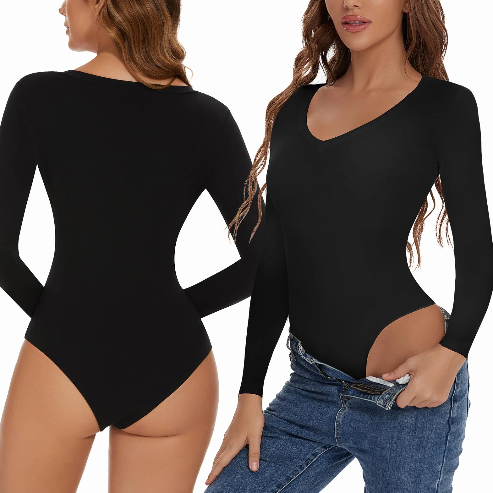 SLIMBELLE Damskie body z długim rękawem, dekolt w serek, długie rękawy, eleganckie, seksowne body z długim rękawem, gorset, wąskie body dla kobiet