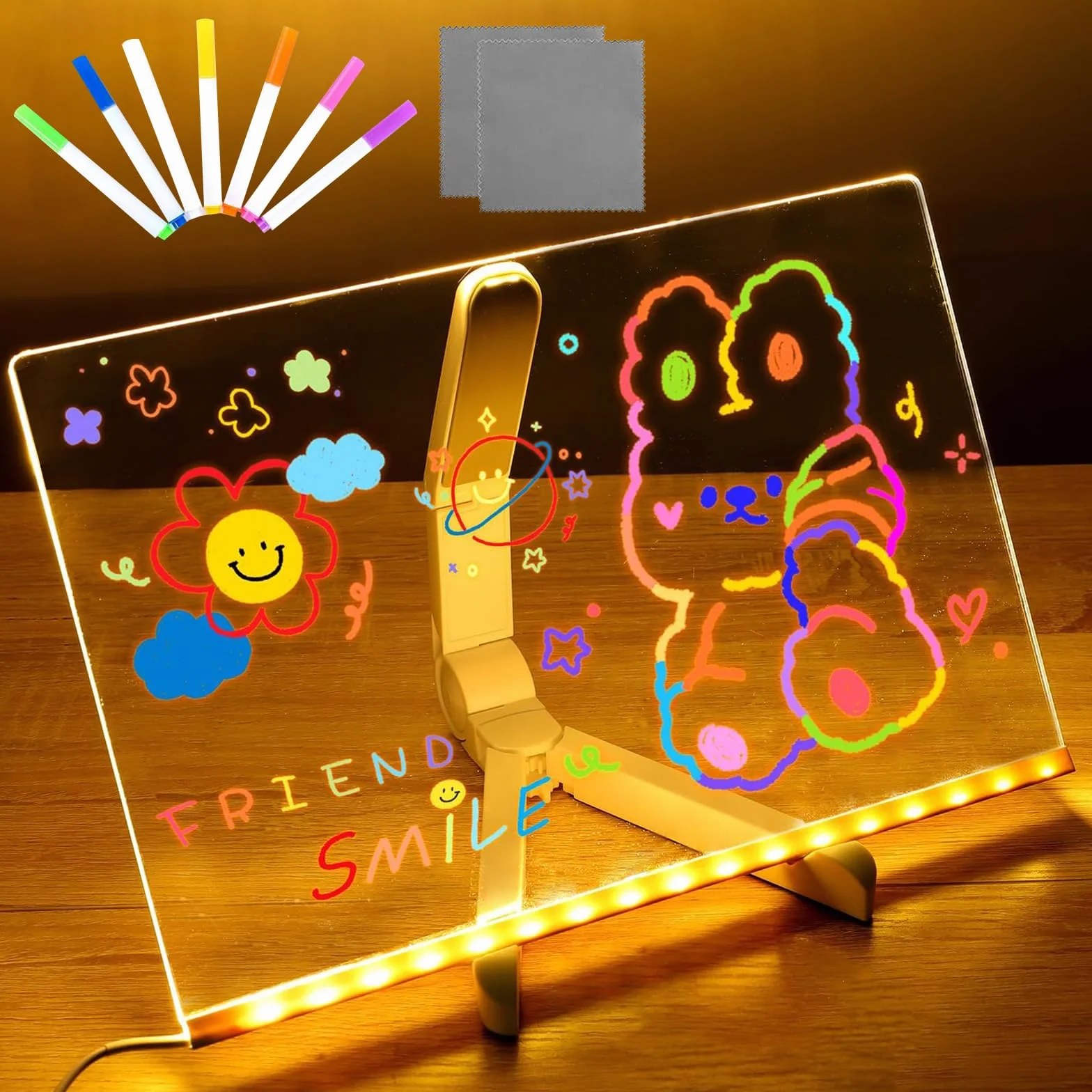 Tablica LED na notatki ze stojakiem i 7 kolorami, świecąca tablica informacyjna, przezroczysta, akrylowa, tablica do rysowania dla dzieci, zmywalna, do biur, sklepów, mieszkań (20 x 30 cm)