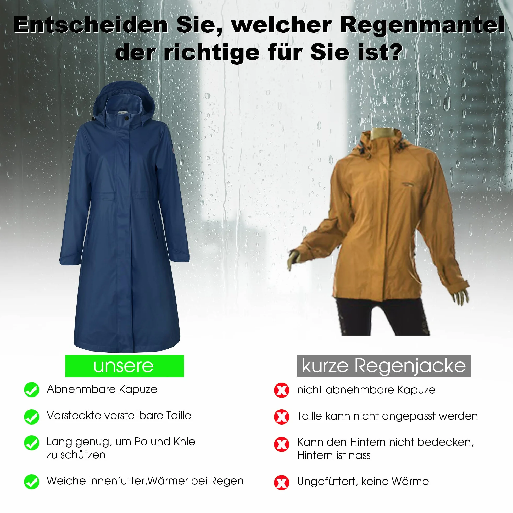 rhythm of the rain Damski płaszcz przeciwdeszczowy, długi, wiatrówka, wodoszczelna, damska kurtka przeciwdeszczowa, z podszewką, parka outdoorowa