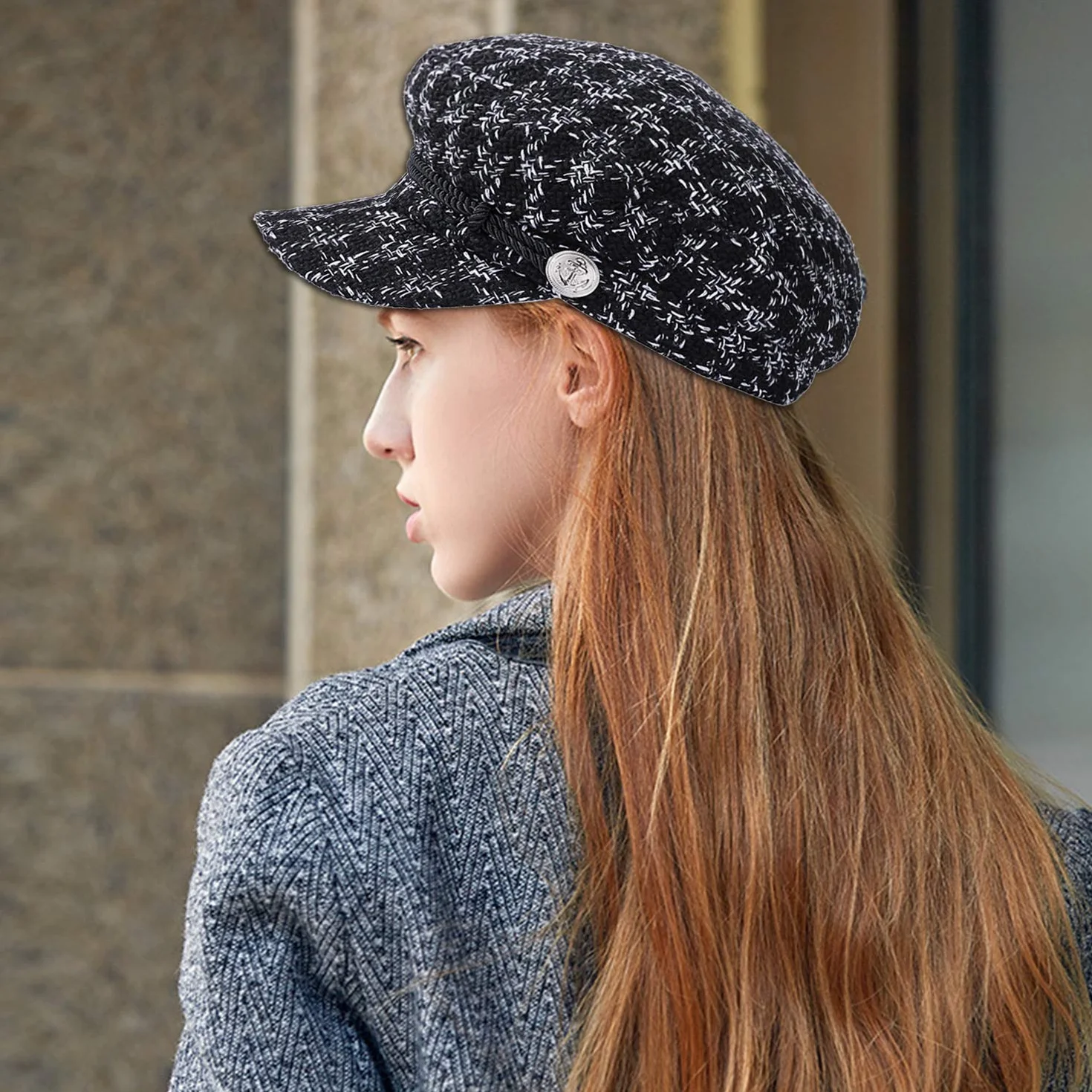 Damska czapka z daszkiem, wzór w pepitkę, beret, damska, swobodna, modna czapka w stylu vintage, elegancka czapka zimowa dla kobiet (M, 56-58 cm), czarna, 1 sztuka, czarny, 56-58