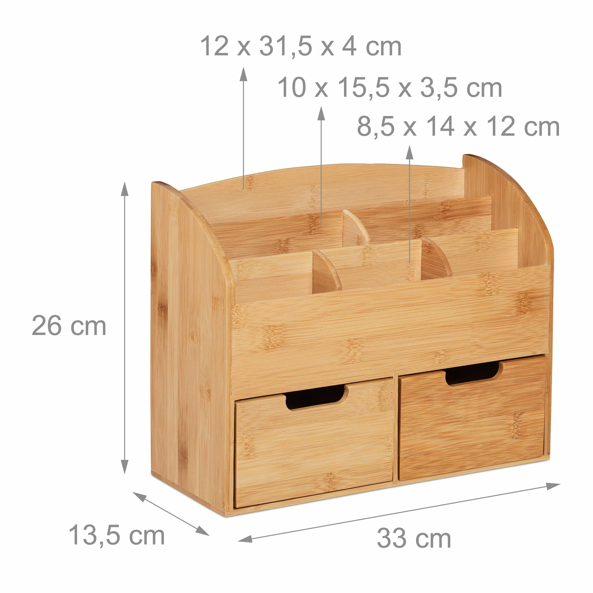 Relaxdays Organizer na biurko, 6 przegródek, 2 szuflady, na przybory biurowe, bambus, półka na listy, 26 x 33 x 13,5 cm, naturalny