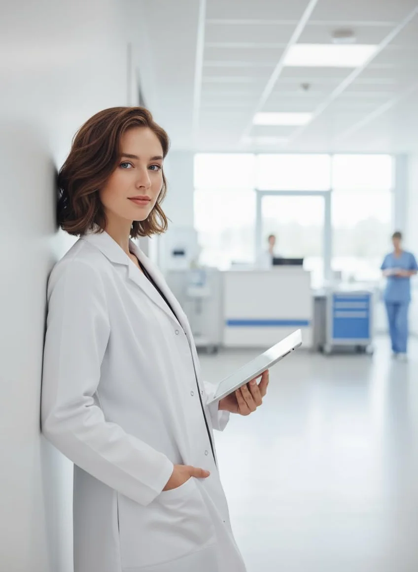 Unisex medyczny fartuch laboratoryjny dla mężczyzn i kobiet, kieszenie na biodrach i klatce piersiowej, klasyczny krój, zapięcie na zatrzask, długość 100 cm