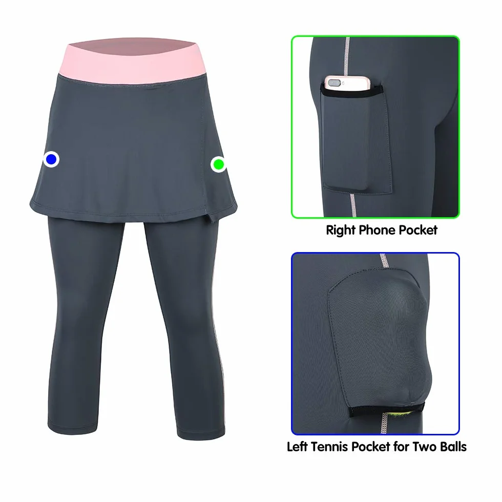 beroy Damska spódnica do biegania, elastyczne spódnice, spodnie Capri, legginsy z spódniczką tenisową 3/4 2 w 1, Legginsy A2/Szare 3/4