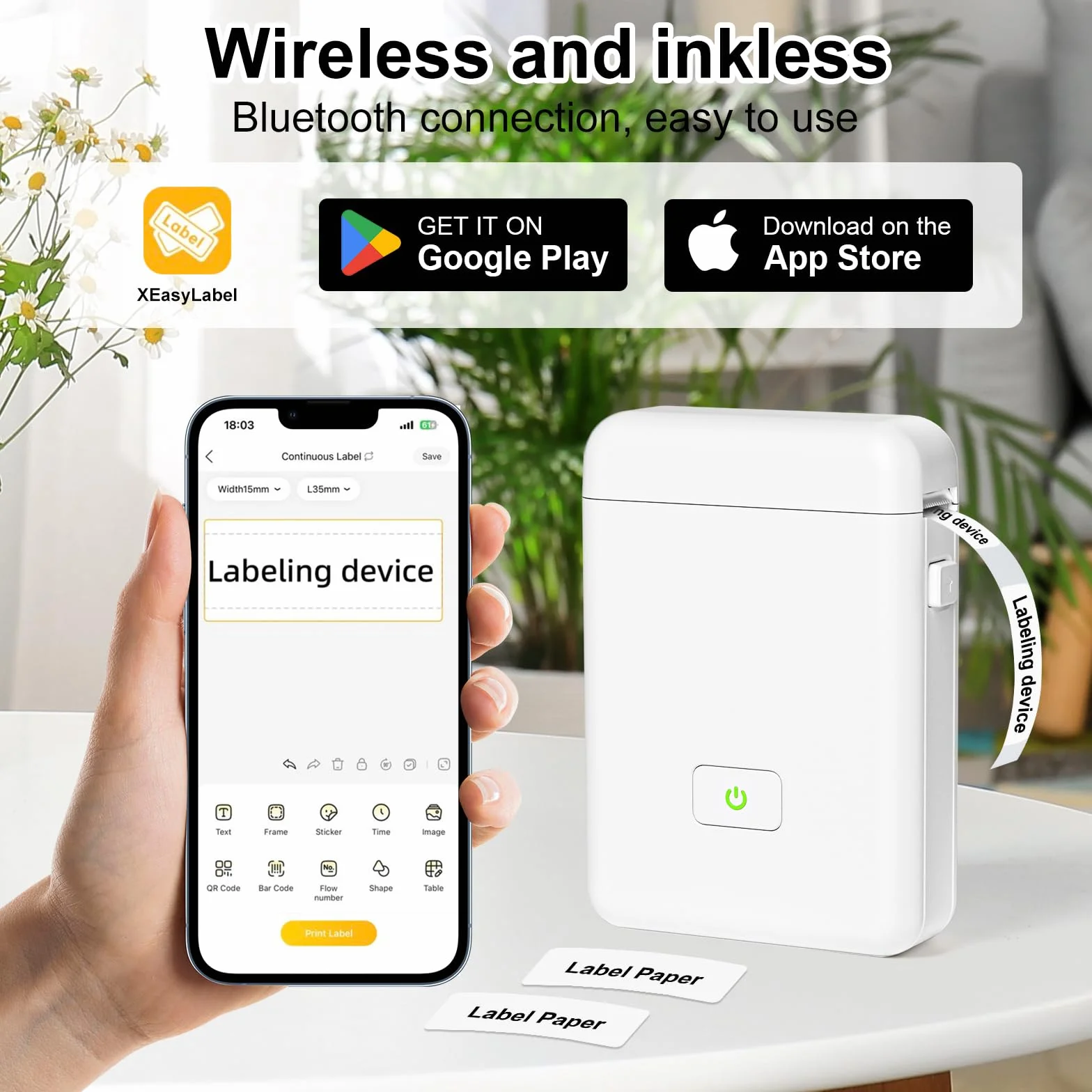 GuKKK Mini Drukarka Etykiet Bluetooth HP2 - Samoprzylepna, Przenośna