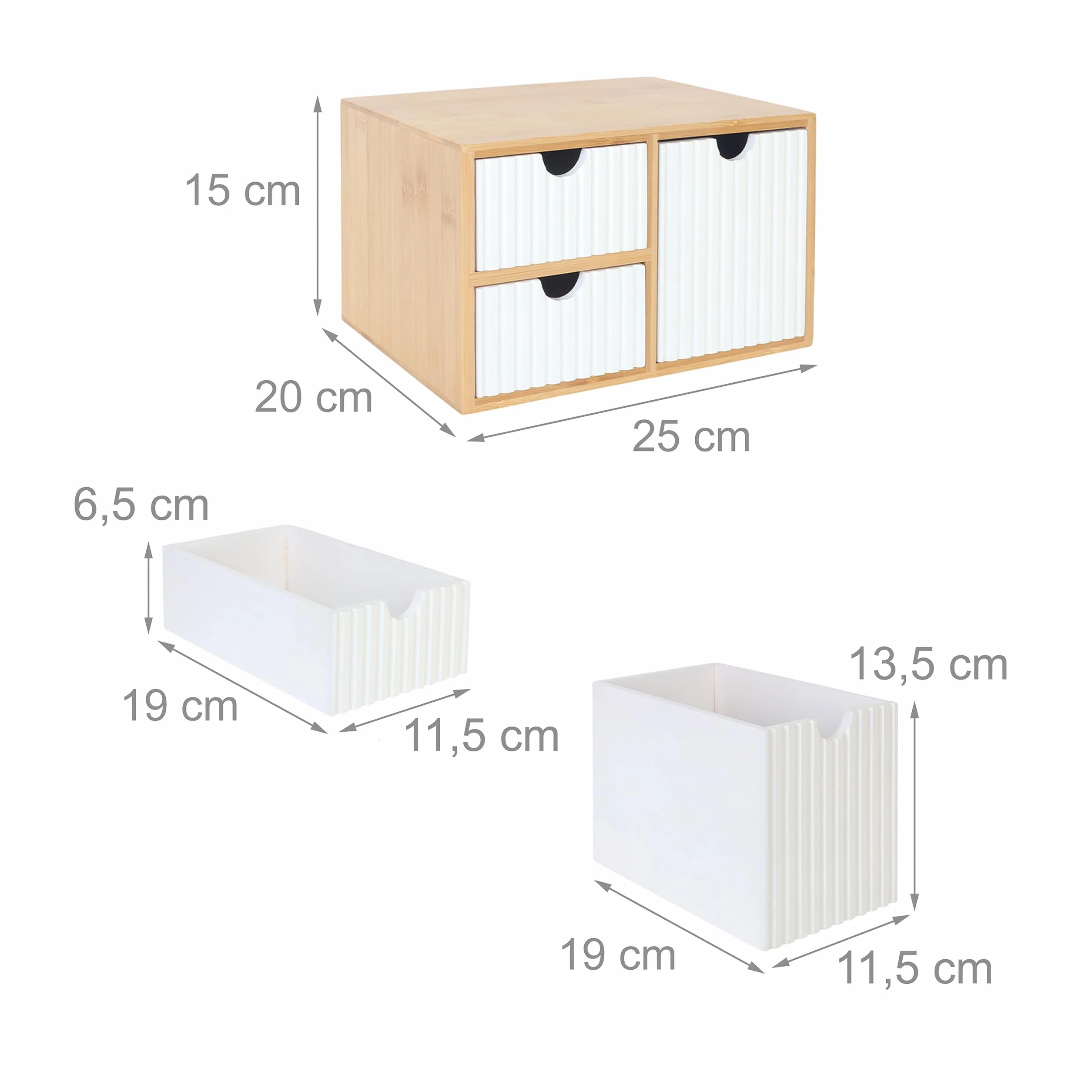 Relaxdays Pudełko z szufladami, bambus i MDF, 3 rowkowane szuflady, wys. x gł.: 15 x 25 x 20 cm, organizer na biurko, biały/naturalny