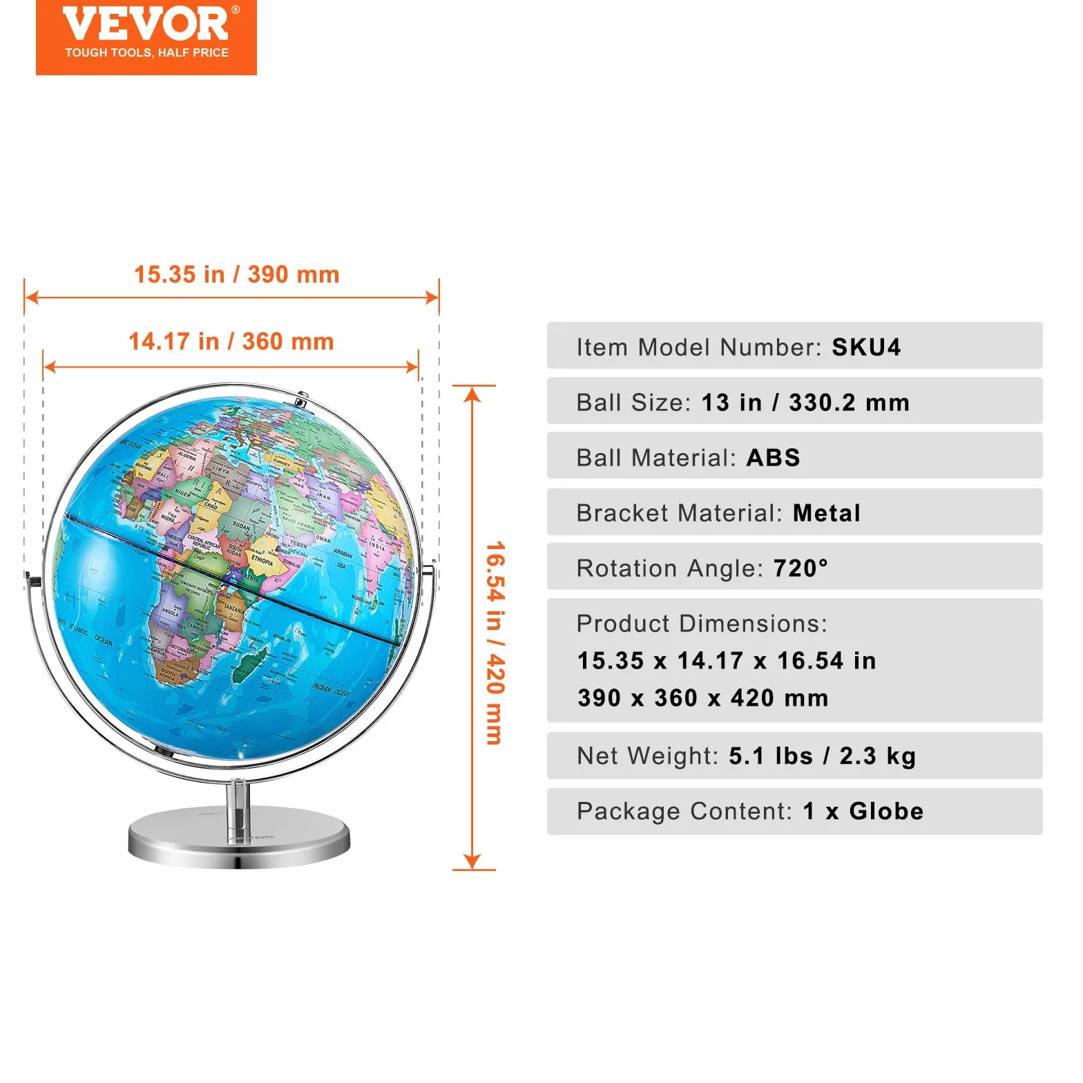 VEVOR Obrotowy Globus Światowy ze Stojakiem 330,2 mm - Edukacyjny Geograficzny z Precyzyjnym Materiałem ABS, Strefą Czasową, Obracający się 720° dla Dzieci, Nauki, Klasy