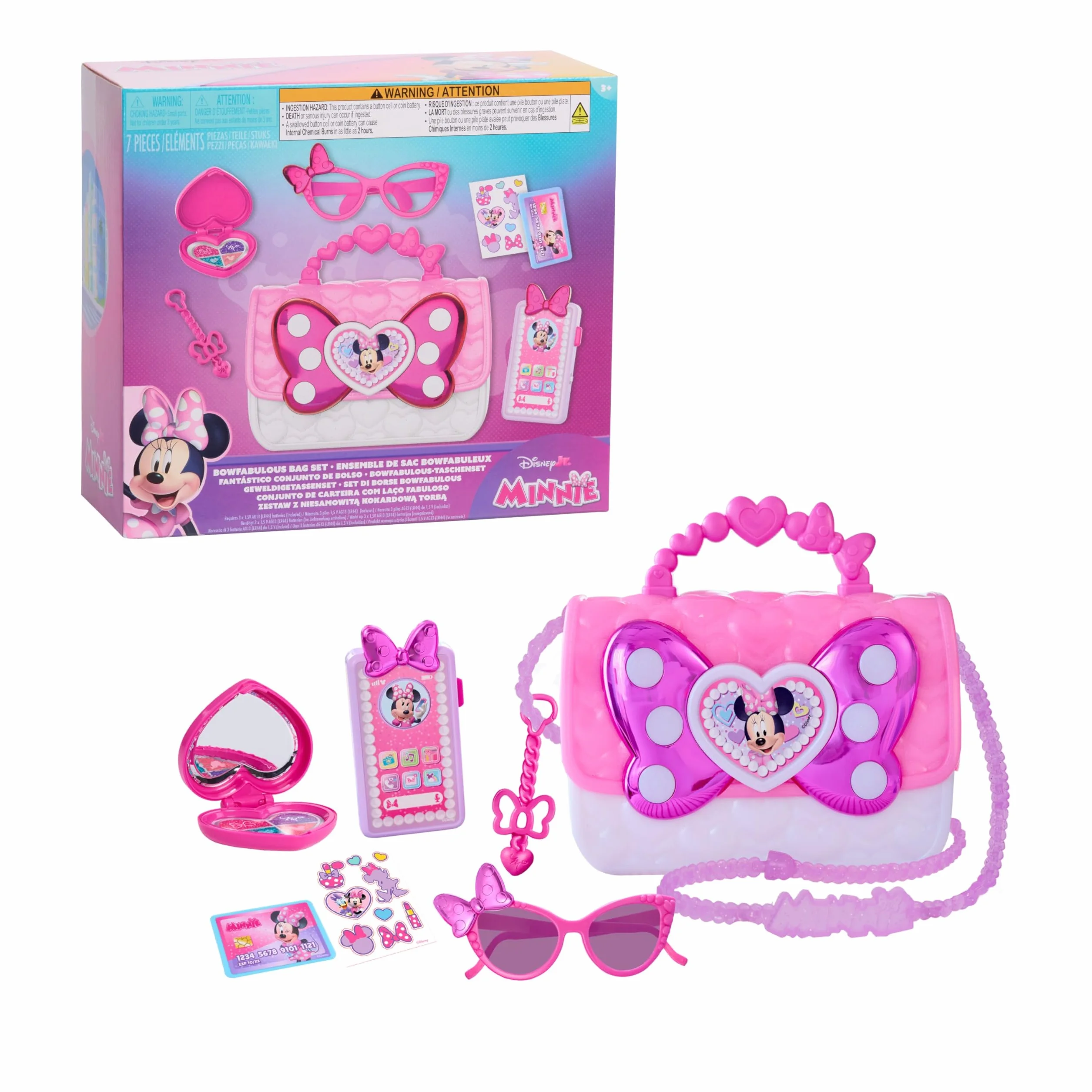 Disney Junior Minnie Mouse Bowfabulous Bag Set, 7-piece Dress Up and Pretend Play Toy Purse