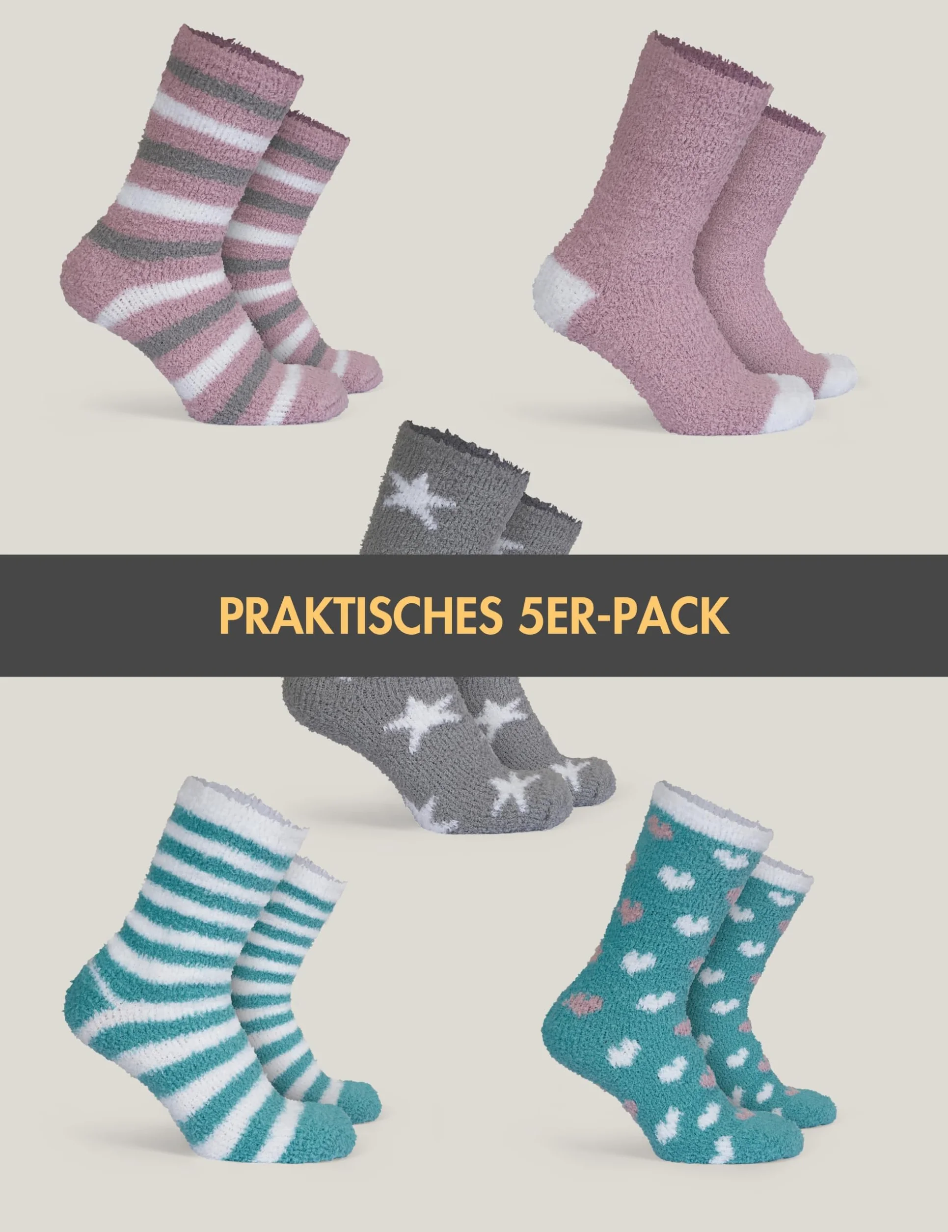 Basic Treasure 5 par przytulnych skarpet damskich, puszyste i grube skarpety do łóżka, ciepłe zimowe pluszowe skarpety, przytulne skarpety do spania, Mieszanka kolorów, 37-41 EU