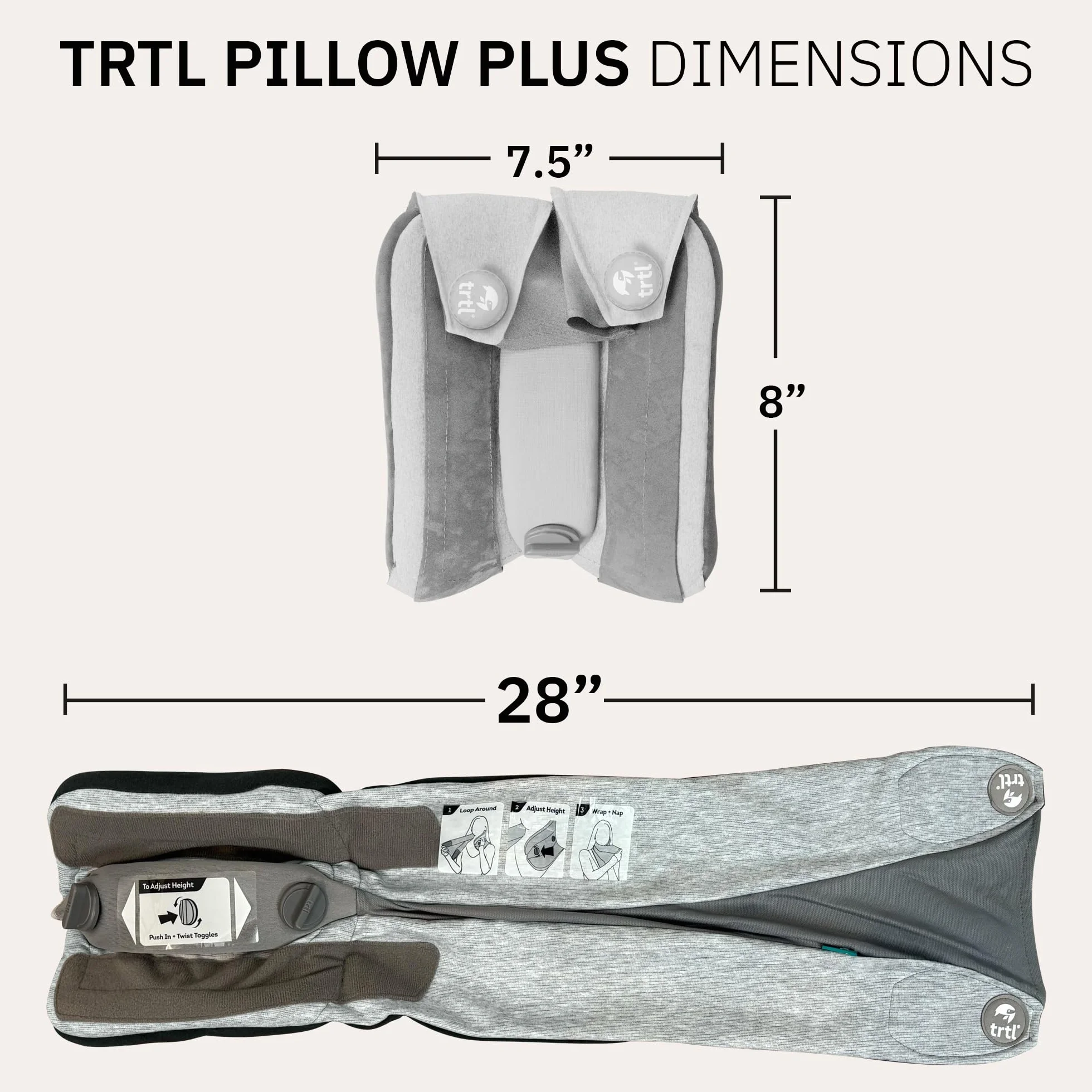 trtl Travel Pillow Plus Szary | Regulowana wysokość poduszki podróżnej do samolotu i samochodu | Oszczędzająca miejsce poduszka podróżna | Nadaje się dla wszystkich rozmiarów ciała