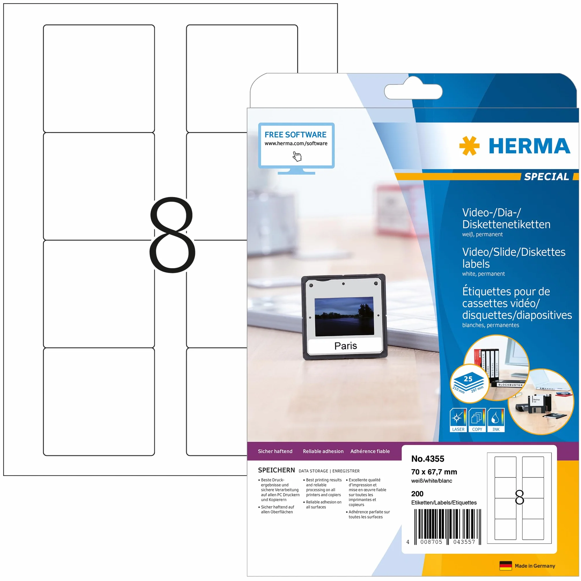 HERMA 4355 etykiety na dyskietki 3,5 cala, 25 arkuszy, 70 x 67,7 mm, 8 arkuszy A4, 200 sztuk, samoprzylepne, nadają się do drukowania, matowe, nieprzezroczyste naklejki na dyski, białe
