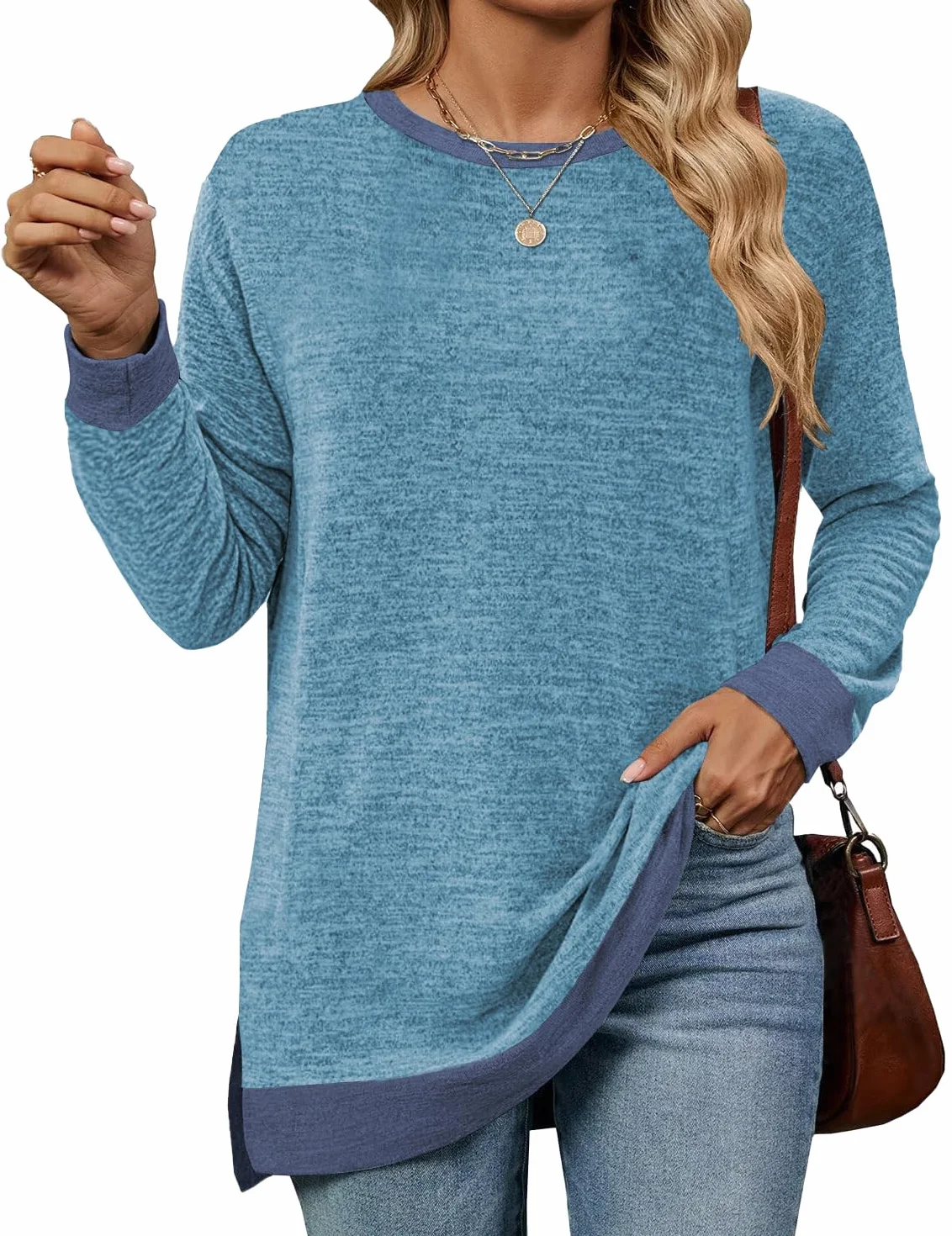 Cuptacc Sweter damski, okrągły dekolt, luźny sweter, elegancki, dopasowany kolor, długi rękaw