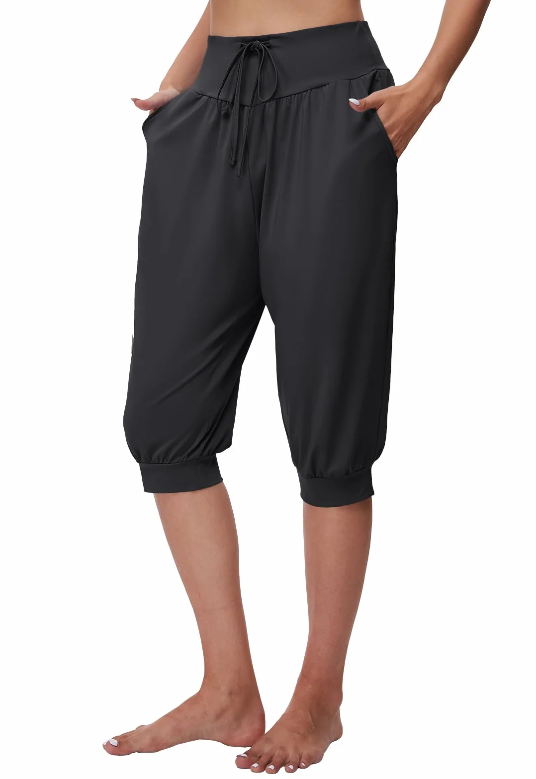 BATHRINS Damskie spodnie haremki 3/4 do jogi, spodnie do joggingu, spodnie capri, letnie spodnie do pilatesu, lekkie spodnie sportowe z kieszeniami, sznurek