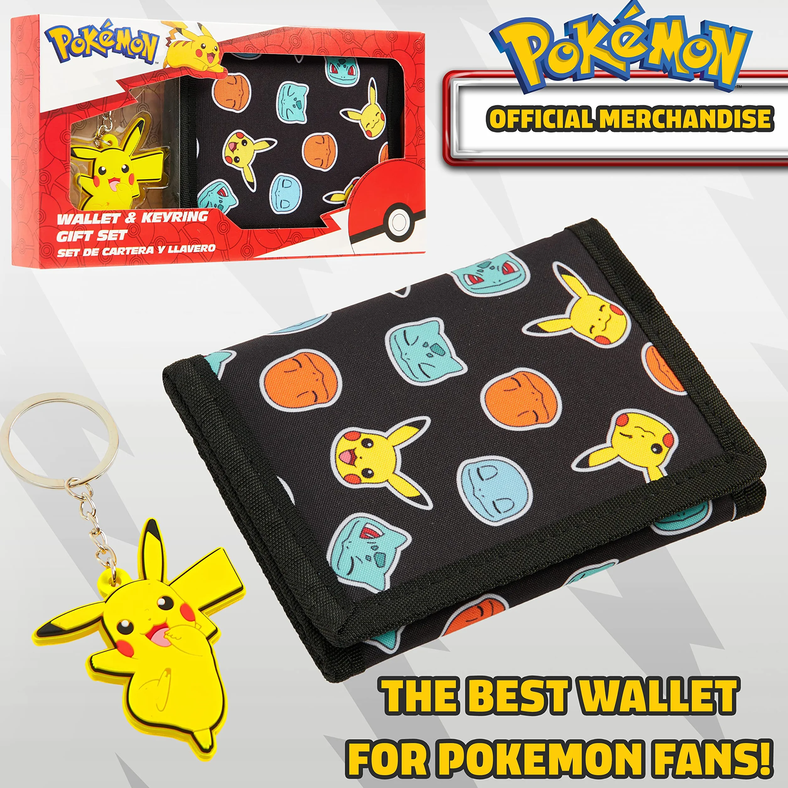 Pokemon Portfel dla dzieci, nastolatków, anime, potrójnie składany, płócienny portfel z kieszonką na dowód osobisty, portmonetką i brelokiem, Pikachu, zestaw upominkowy do podróży, aktywności na