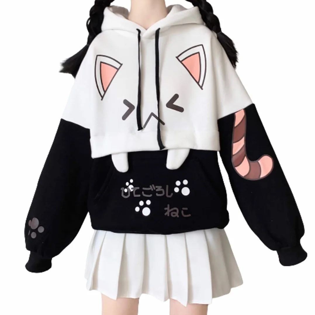 Himifashion Urocza bluza z kapturem dla nastolatek kawaii kot nadruk pulower topy z kapturem plus aksamitna bluza luźne ciepłe bluzy z kapturem