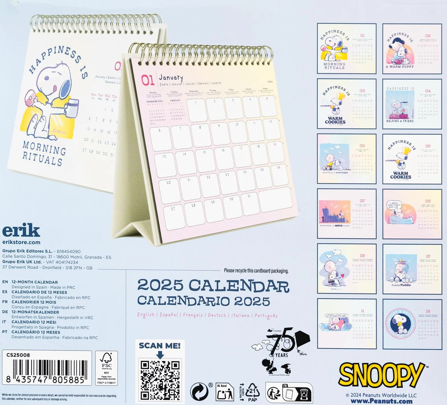 Grupo Erik Snoopy Desk Calendar 2025 | 8 x 7 inches - 20 x 17 cm | 12 Month Desk Planner, Desktop Calendar 2025 | Snoopy Calendar 2025, Snoopy Gifts, Snoopy Merchandise