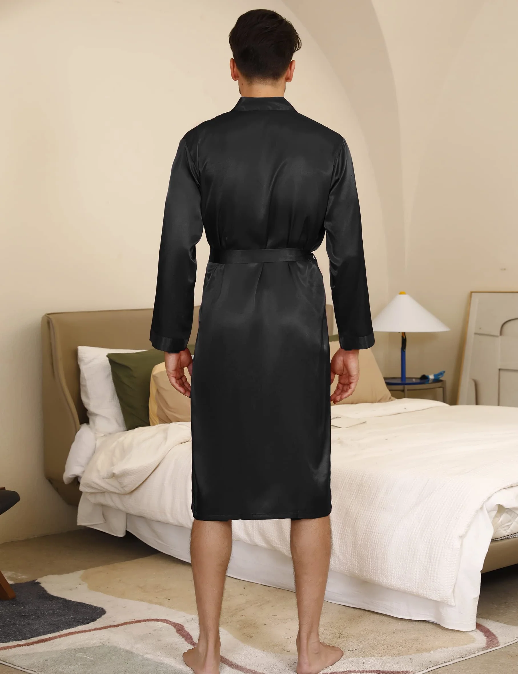 Męski satynowy szlafrok, kimono, długi szlafrok kąpielowy, lekki jedwab, bielizna nocna, piżama dla mężczyzn z paskiem, S-XXL