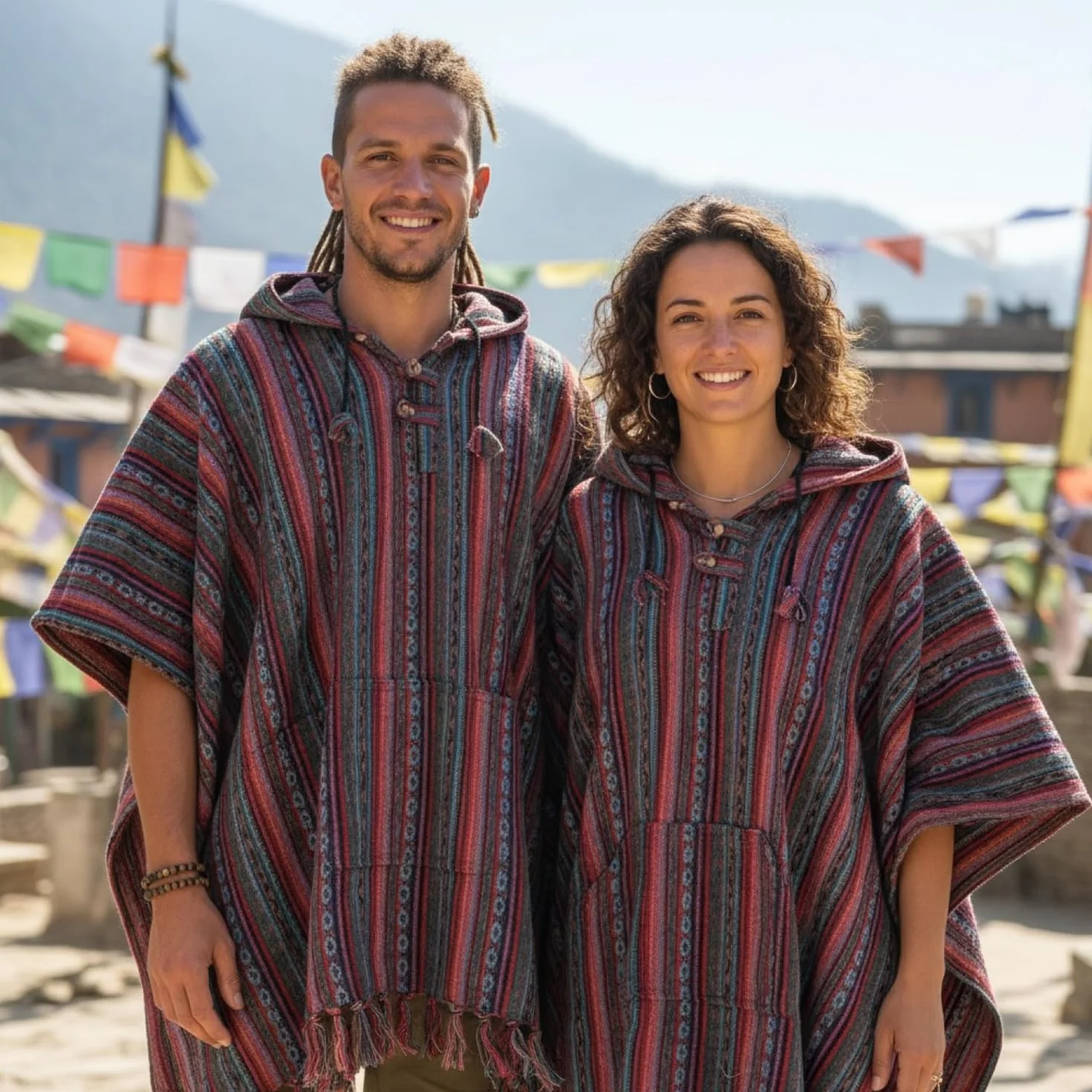 GURU SHOP Ponczo w stylu hippie, chic, etniczne ponczo, męskie/ damskie, niebieskie, z bawełny, rozmiar uniwersalny, kurtka z dzianiny, odzież alternatywa, pomarańczowy/zielony., jeden rozmiar